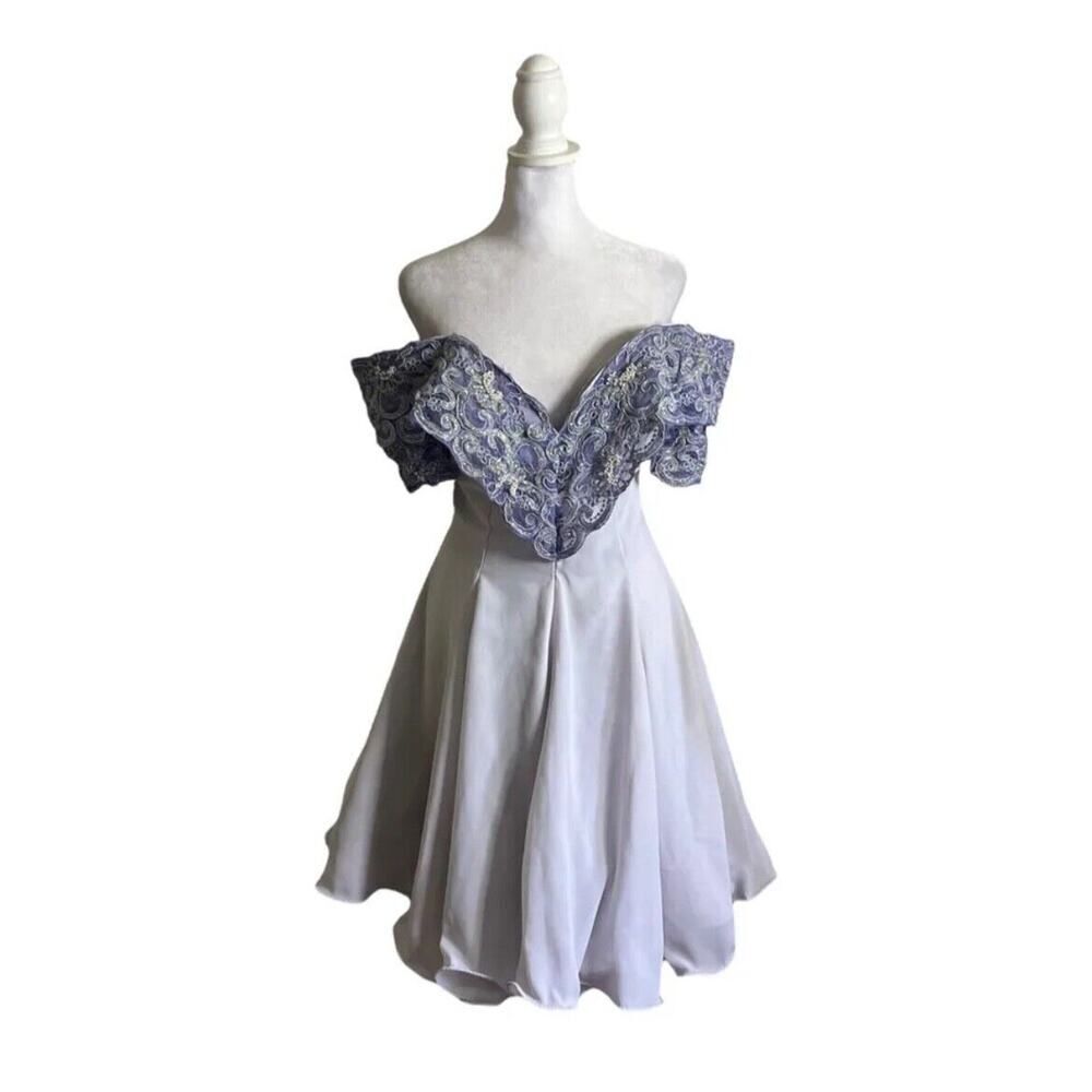 Vtg Karen Okada For David Howard 1980s Purple Lace Faux Pearl Dress Gown US 10